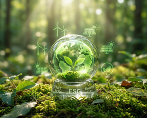 Green nature carbon reduction neutral sustainable net energy icons over forest globe with leaf symbolizing hopeful eco future and climate care carbon reduction to net zero concept