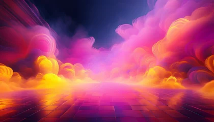 Acrylglasbilder Rosa Futuristic Abstract Background with Luminous Pink and Orange Nebula Clouds and Reflective Grid Floor  © One King