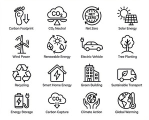Green carbon reduction neutral sustainable net nature icon set for climate action and clean energy concept with simple line style graphic design art carbon reduction to net zero concept