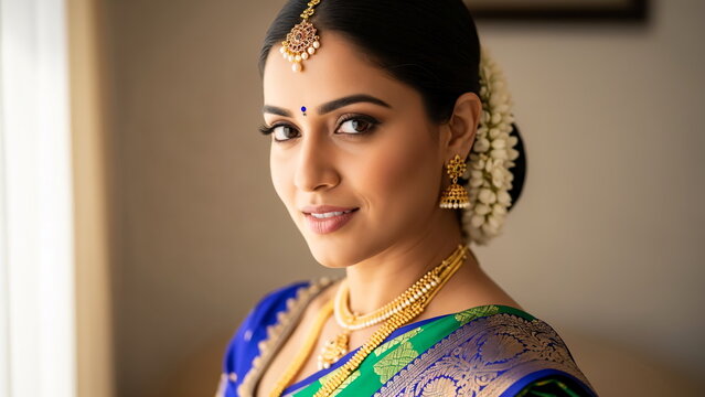 Elegant portrait of an Indian woman wearing a colorful silk saree and traditional gold jewelry, softly lit indoors, showcasing cultural beauty, grace, and refined expression
