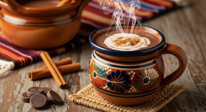 Traditional mexican hot chocolate served in handcrafted clay mugs with cinnamon sticks