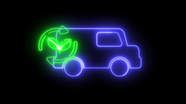 Neon light effect animation of a van icon with a composting sign