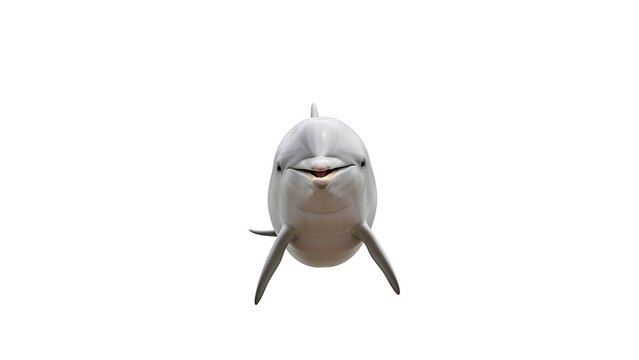 Front view of a friendly dolphin smiling directly at the camera on a white background.