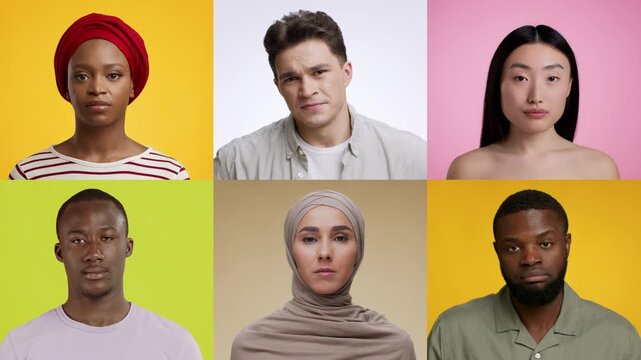 A collection of six diverse faces displaying a range of emotions against bright backgrounds. Each portrait highlights unique expressions, showcasing individuality and human connection.