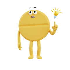 Yellow coin mascot showing bright idea gesture, playful 3D illustration representing innovation, smart finance solutions, savings tips, and creativity.