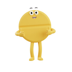 Smiling yellow coin character standing relaxed, simple 3D illustration perfect for financial branding, friendly apps, services, and digital content.