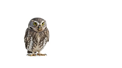 Obraz premium Little owl standing on a white background looking directly at the camera.