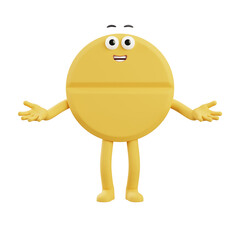 Friendly yellow coin character standing with open arms, welcoming 3D pose expressing trust, support, financial services, and customer care.