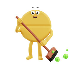 Yellow coin mascot cleaning germs with broom, playful 3D illustration symbolizing security, protection, fraud prevention, and financial safety concepts.