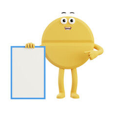 Yellow coin character holding vertical blank board, simple 3D mascot ideal for financial announcements, information, advertising, and presentation design.