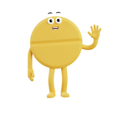 Smiling yellow coin mascot waving hand in welcoming pose, clean 3D illustration suitable for finance apps, services, greetings, and branding.