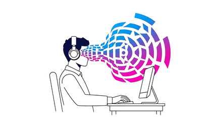 digital immersion visualization of a focused person wearing headphones processing complex sound data on a computer for a tech solution.