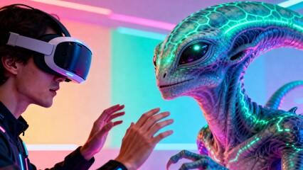 Person wearing VR headset interacting with alien