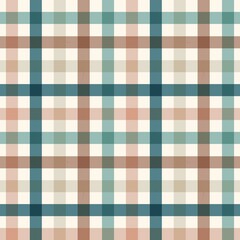 A seamless, repeating plaid or gingham pattern featuring a harmonious blend of vintage and earthy tones, including teal, brown, beige, and off-white.