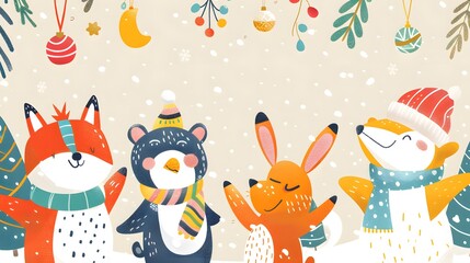 A group of cartoon animals wearing winter clothing and standing together in a festive scene