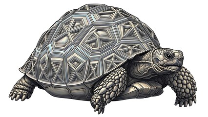 Detailed illustration of a tortoise with a patterned shell, isolated on a white background, showcasing intricate textures and realistic rendering.