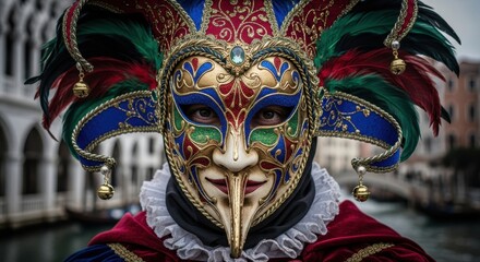 Venetian masquerade character portrait with elaborate mask and historical city view behind figure