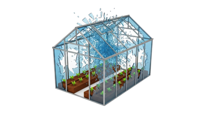 Broken Greenhouse with Water Splash and Seedlings