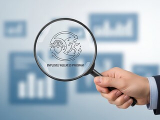 Employee wellness program icon under a magnifying glass held by a hand, showing mental health and fitness benefits, for HR strategy and workplace wellbeing