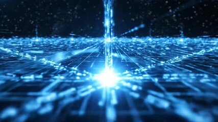 Dynamic abstract digital grid with glowing blue lines and particles representing data flow and network connectivity in a futuristic technological landscape ideal for concepts of artificial intelligen. - Powered by Adobe