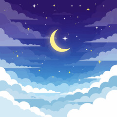 Naklejka premium Lunar Serenity: The tranquil night sky, adorned with a luminous crescent moon and twinkling stars, unfolds above fluffy clouds, creating a scene of peaceful solitude.