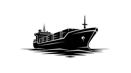 Fototapeta premium Black and white illustration of a large cargo ship sailing on the water.