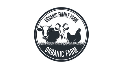 Organic Family Farm Logo with Cow Goat and Chicken.