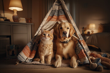 Dog and cat resting together inside a children play tent in a warm bedroom at home