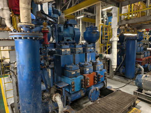 A triplex mud pump used in a drilling rig to circulate drilling fluid for oil and gas well drilling operation