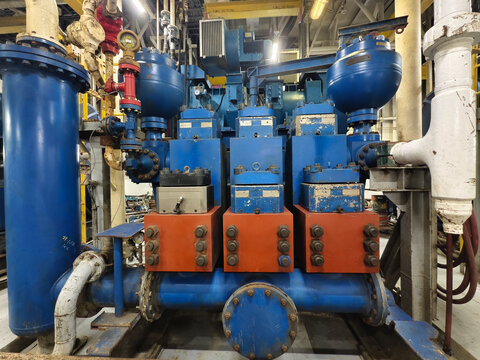 A triplex mud pump used in a drilling rig to circulate drilling fluid for oil and gas well drilling operation