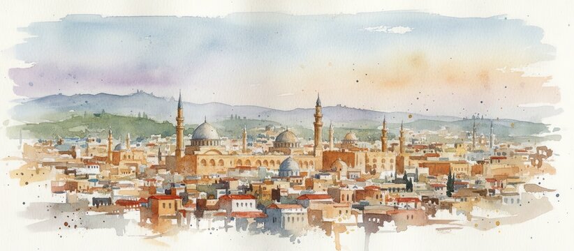 damascus syria city skyline watercolor - landscape painting