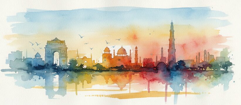 delhi india city skyline watercolor - landscape painting