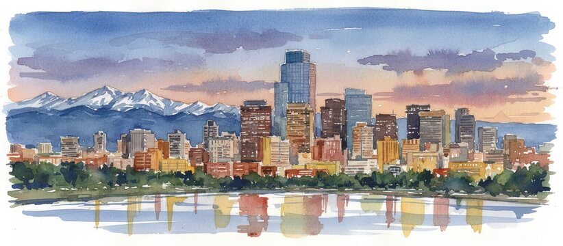 denver colorado city skyline watercolor - landscape painting