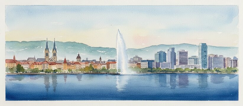 geneva switzerland city skyline watercolor - landscape painting