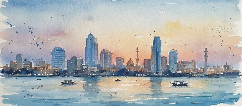 karachi city skyline watercolor - landscape painting