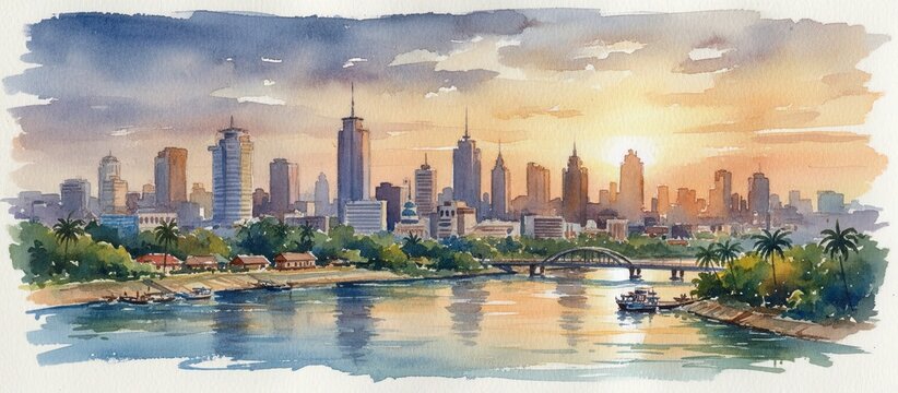 kinshasa congo city skyline watercolor - landscape painting