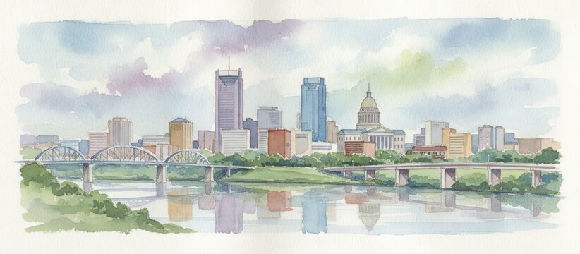 little rock arkansas city skyline watercolor - landscape painting