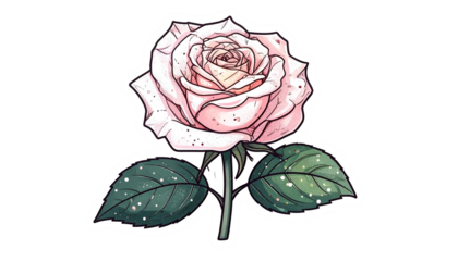 Delicate, illustrated rose with open petals, stem, and leaves, on a transparent background