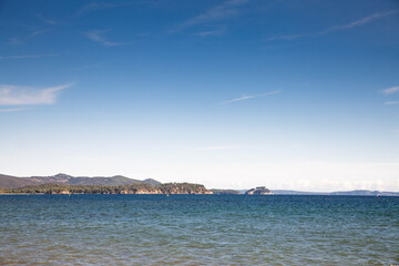 Wide seascape showing Fort de Bregancon on a headland near Bormes les Mimosas, Fort de Bregancon is a french presidential residence, on the mediterranean sea, on french riviera.