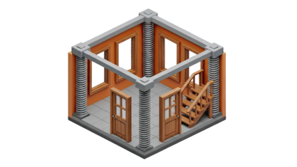Isometric Architectural Model of a Room with Stairs and Columns