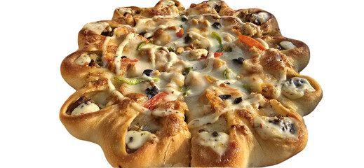 Deliciously crafted pizza with various toppings and a unique crust design for an appetizing...