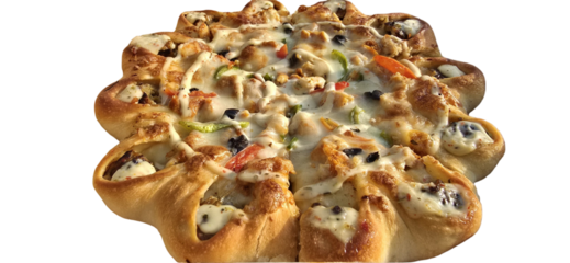 Deliciously crafted pizza with various toppings and a unique crust design for an appetizing presentation product shot isolated