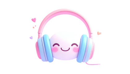 Whimsical 3D render of a smiling, fluffy character wearing pink/blue headphones