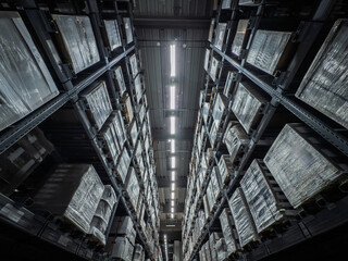 Interior of a warehouse with stacked pallets on shelves, showing storage organization, logistics operations and industrial supply management.