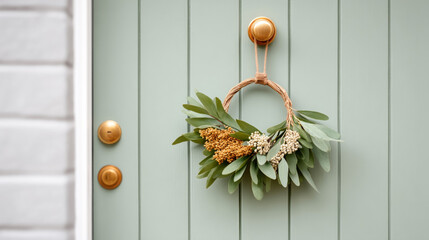 Elegant minimalist wreath with dried botanicals on a sophisticated door for home decor