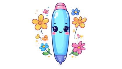 A cheerful cartoon pencil surrounded by colorful flowers, with a smiling face