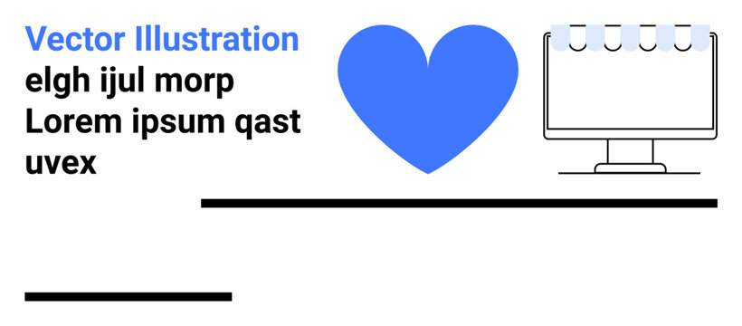 Technology, communication, love, digital creativity, modern connections, multimedia. Blue heart beside a computer screen with placeholder text. Technology and communication-themed concept - Powered by Adobe