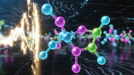 A visually captivating 3D animation showcases abstract molecular structures, composed of glowing blue, purple, and green spheres connected by translucent rods, moving dynamically against a dark, circu - Powered by Adobe