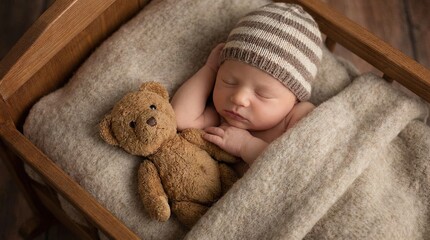 Happy baby spending time petting their stuffed animal teddy bear companion at home
