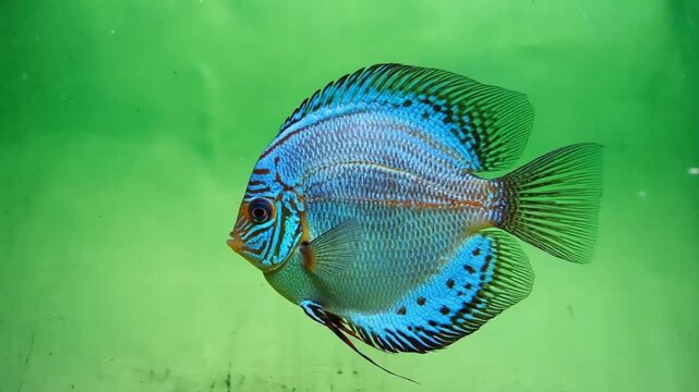Vibrant blue discus fish swimming in green aquarium water